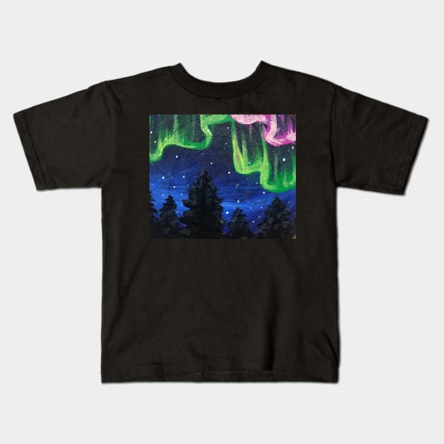 Northern Lights Over The Forest Painting Kids T-Shirt by Lady Lilac